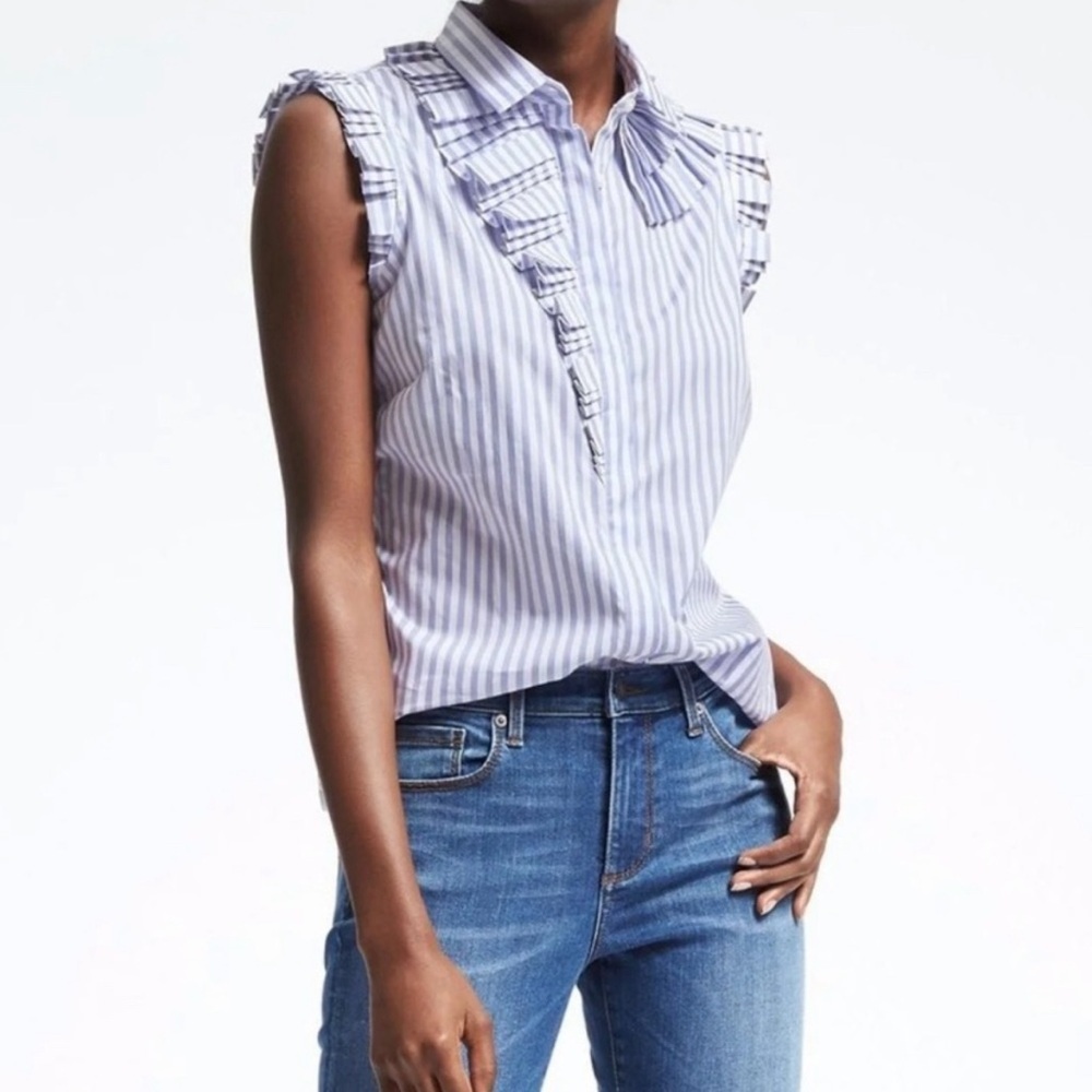 Banana Republic Women’s Riley Sleeveless Ruffle & Striped Shirt Blue/White SZ 14